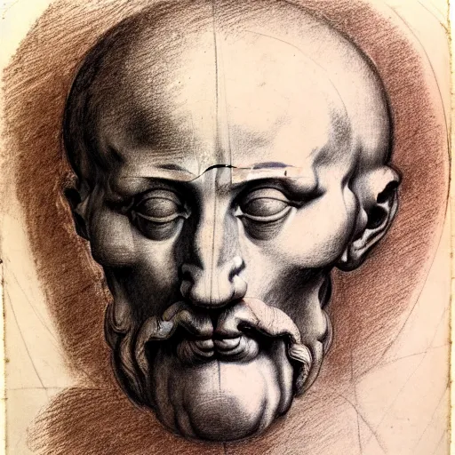 Image similar to unfinished study of mans face. michelangelo, early sixteenth century. red chalk on paper.