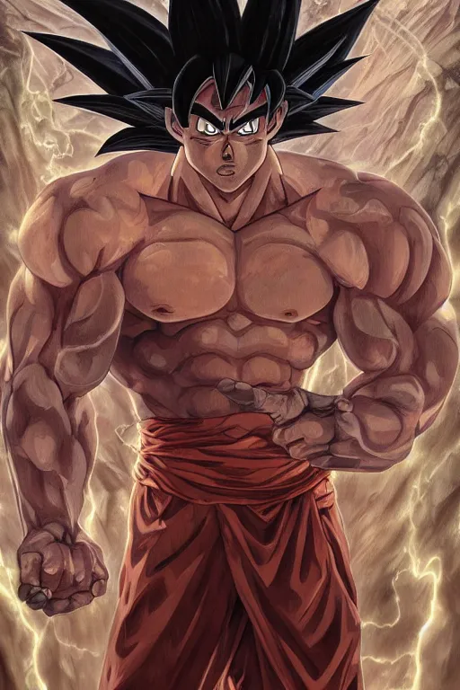 Image similar to portrait of goku as a herculian demon man, forest, full body, muscular, fantasy, intricate, elegant, highly detailed, digital painting, artstation, concept art, sharp focus, illustration, art by artgerm and greg rutkowski and alphonse mucha