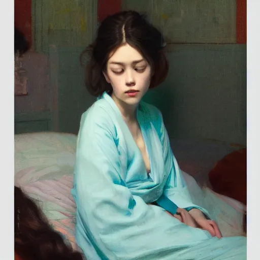 Image similar to girl with long wavy hair, in lightblue kimono, sitting on bed, by jeremy lipking, serge marshennikov, joseph todorovitch