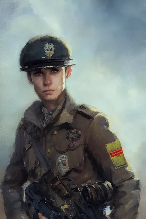 Prompt: Young man with brown hair and blue eyes, wearing a military uniform, by Greg Rutkowski, oil painting, trending on artstation