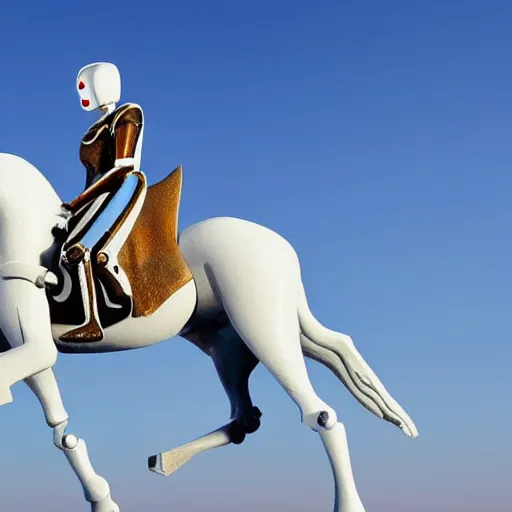 Prompt: A robot is riding a white horse in the blue sky