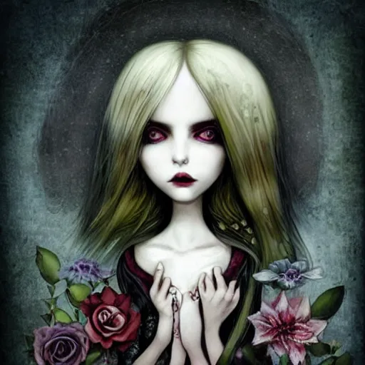 Image similar to a sensual serious gothic vampiress with decaying flowers and a quirky smile, pale with small mouth but exhuberant lips, round beautiful oval shape and big expressive eyes by benjamin lacombe