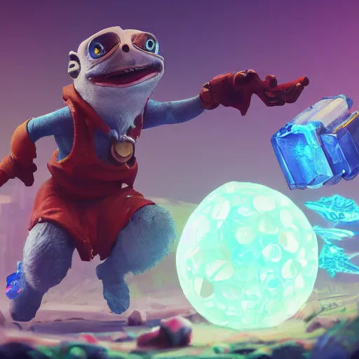 Image similar to pepe holding blue crystals, loot box, chest, vault, wadim kashin, simon stalenhag, featured in artstation, octane render, cinematic, elegant, intricate