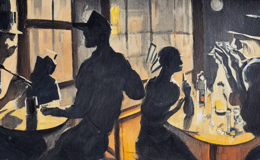 Prompt: 2 0 2 0 s oil painting in the style of john craxton sailors in the shadows of a pub. playing cards. aesthetic. in the style of ivon. brush marks. strong lighting. holding cigarettes. smokey bar. seated figure hands on table. strong expressions on faces. cheekbones. single flower. line drawing on painting,