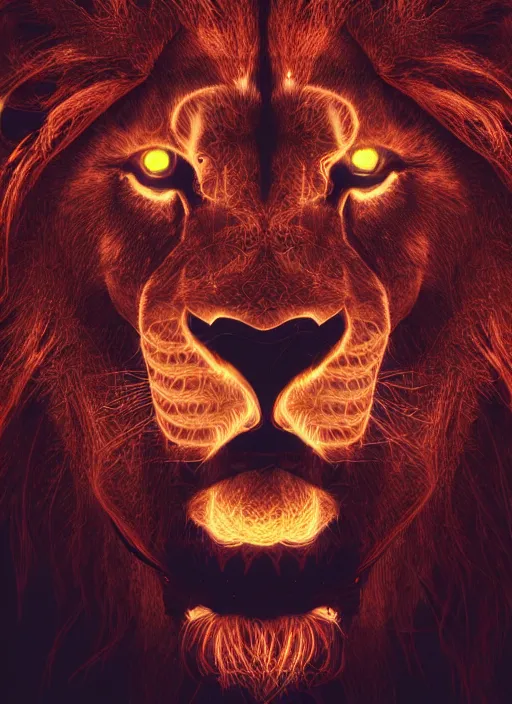 Image similar to A lion face made of Arabic Calligraphy depicting in glowing neons, fisheye lens, unreal 5, DAZ, hyperrealistic, octane render, dynamic lighting