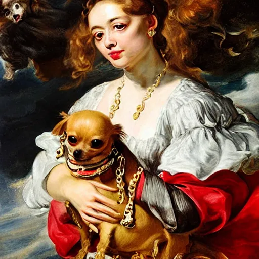 Image similar to heavenly summer sharp land sphere scallop well dressed lady walking her chihuahua on a leash auslese, by peter paul rubens and eugene delacroix and karol bak, hyperrealism, digital illustration, fauvist, chihuahua on a leash