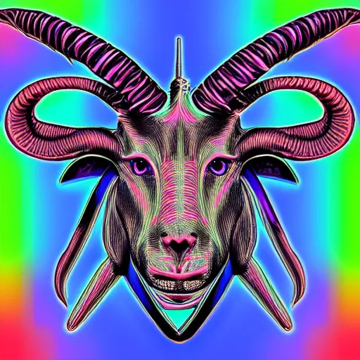Image similar to baphomet goat head merged with mainframe circuitry, multicolored digital art