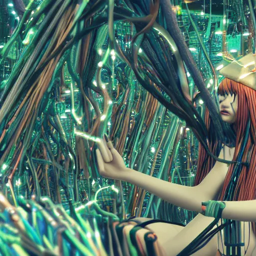 Image similar to piles of modular synth cables mixed with mangrove roots, kawaii puerto rican goddess staring through your soul wearing a headpiece made of circuit boards, by makoto shinkai, masamune, and stanley kubrick, unique perspective, eastman color, trending on artstation, cinematic, 3 d render, photorealistic