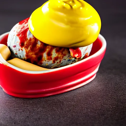 Prompt: commercial photo of a sausage ice cream, mustard, ketchup,