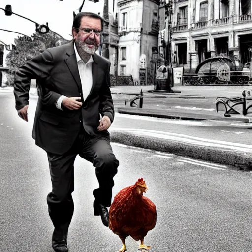 Prompt: corrupt politician laughigh m. rajoy hybrid with the body of a chiken running in the middle of the city, deseperated, high quality photo, ultrarrealistic, award winning photography, hyperrealistic