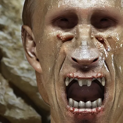 Prompt: photo inside a cavern of a wet reptilian humanoid putin with black eyes, open mouth and big teeth, partially hidden behind a rock