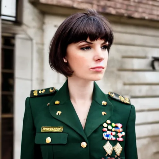 Image similar to brunette woman, short flip out hair, emerald eyes, black military uniform