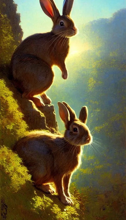 Image similar to hyper realistic rabbit looking off of a cliff, sun setting behind rabbit, lush forest in valley below, painted by james gurney, gaston bussiere, craig mullins, j. c. leyendecker 8 k