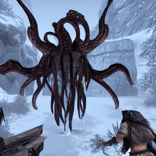 Image similar to a Skyrim mod that adds lovecraftian monsters to the game