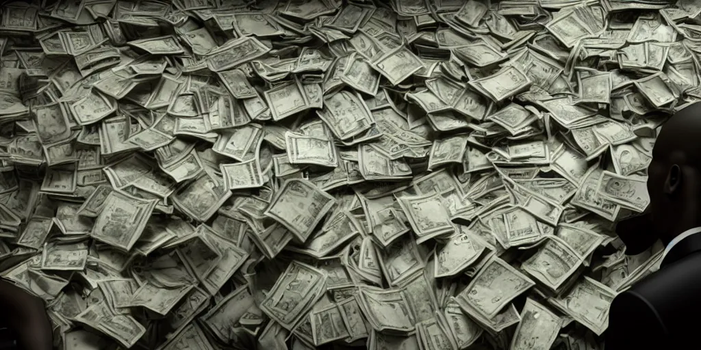 Image similar to a film still of cash money piling up in a vault, shallow depth of field, cinematic, award winning cgi, vfx, film still