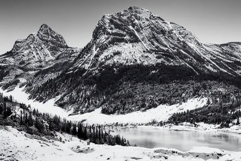 Prompt: small detailed dinosaur, valley, snowy peaks, by ansel adams, black and white, old, master photography