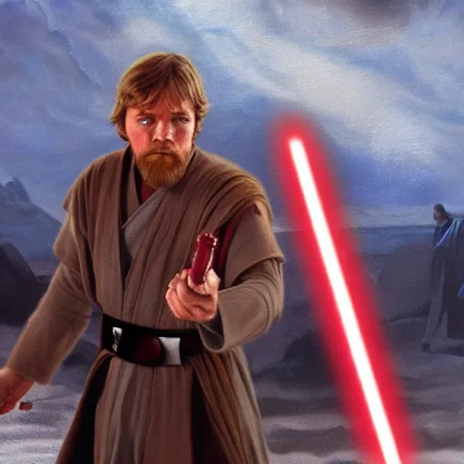 Image similar to luke skywalker against obi wan kenobi, luke skywalker has a red lightsaber, realistic painting, realistic faces, radiant light