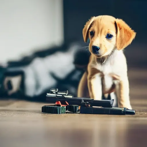 Image similar to a cute little puppy pointing a toy gun at the camera