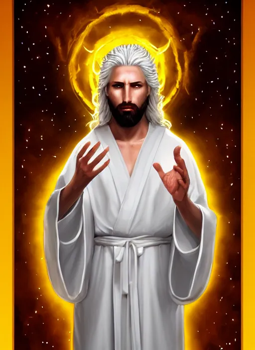 Prompt: « portrait of the white - haired jesus in a white robe and flaming yellow eyes, holding seven stars in right hand, high - contrast, intricate, elegant, highly detailed, digital painting, artstation, concept art, smooth, illustration »