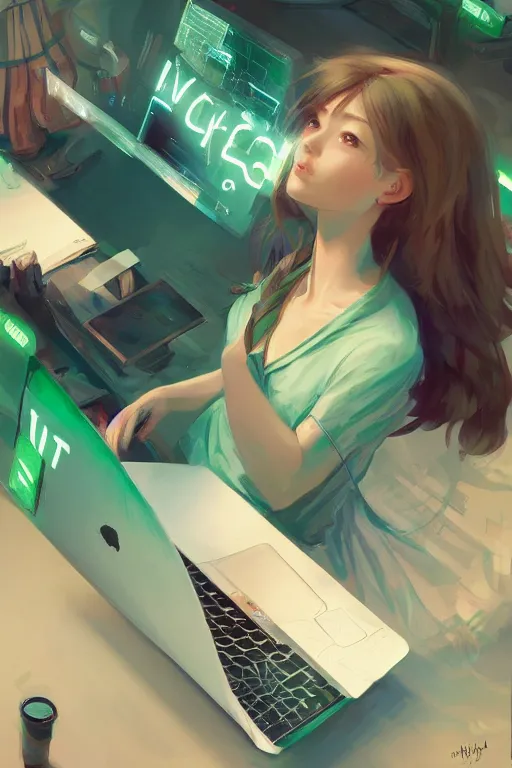 Prompt: a very cute girl is coding frantically on her macbook, she wears a green shirt, she is very excited and overwhelmed by excitation, cinematic and dramatic, 8 k, crisp lines, sharp edges, vibrant colors by artgerm, cushart krenz, greg rutkowski, mucha