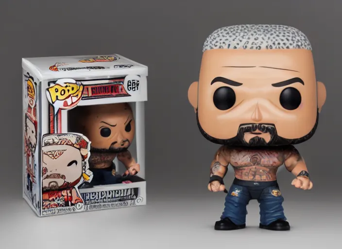 Image similar to product still of Dave Bautista funko pop with box, 85mm f1.8