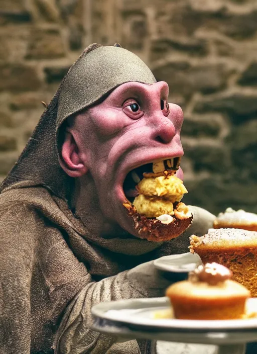 Image similar to closeup portrait of a medieval goblin eating cakes in the cloisters, depth of field, zeiss lens, detailed, symmetrical, centered, fashion photoshoot, by Annie Leibovitz and Steve McCurry, David Lazar, Jimmy Nelsson, Breathtaking, 8k resolution, extremely detailed, beautiful, establishing shot, artistic, hyperrealistic, beautiful face, octane render