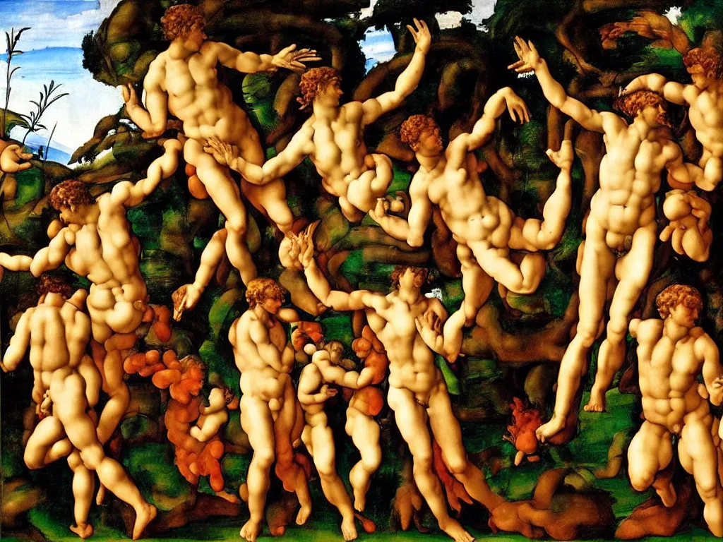 Prompt: The Garden of Eden by Michelangelo, mythological painting, oil painting