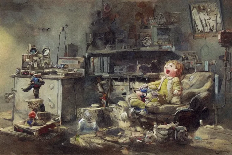 Image similar to adventurer ( ( ( ( ( 1 9 5 0 s retro future living room. muted colors. toys laying around ) ) ) ) ) by jean baptiste monge, chrome red