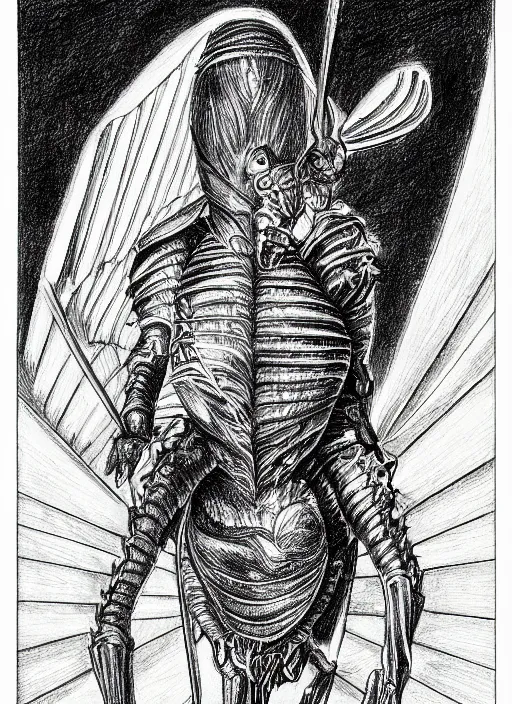 Image similar to line art pencil drawing of medieval half insect half woman chimera, very exaggerated fisheye perspective, art by shinichi sakamoto and kentaro miura