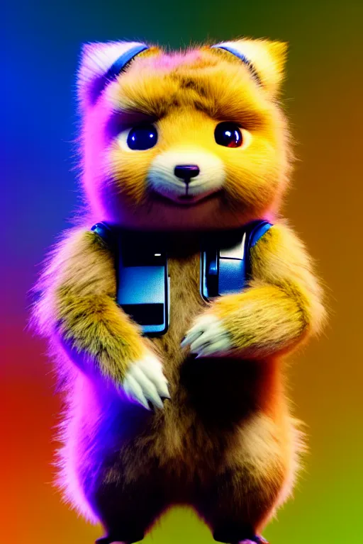 Image similar to high quality 3 d render cyberpunk very cute multicolored fluffy! quokka cyborg, robot paw, highly detailed, vray smooth, in the style of detective pikachu, hannah yata charlie immer, cinematic neon blue light, low angle, uhd 8 k, sharp focus