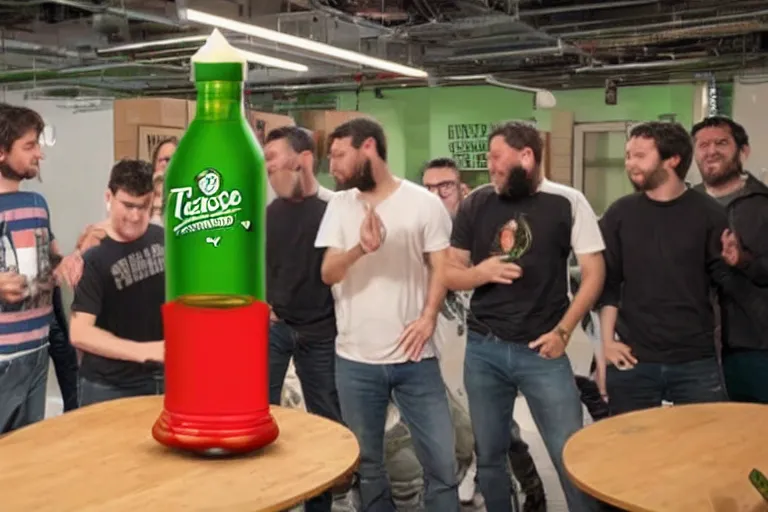 Image similar to a group of software engineers battle a giant Tabasco bottle