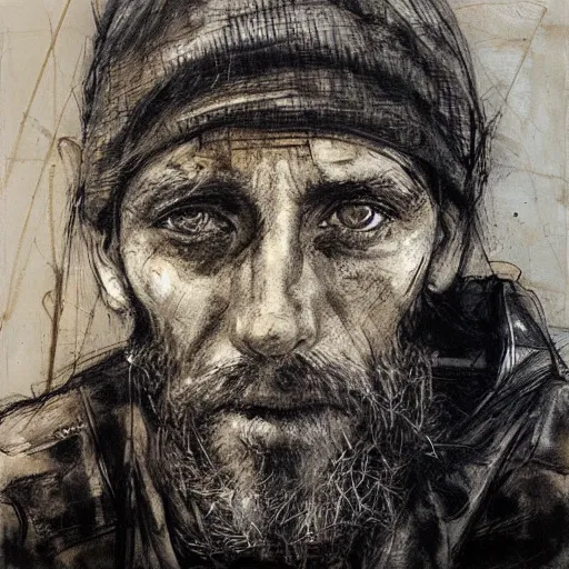 Prompt: portrait of a homeless man by guy denning