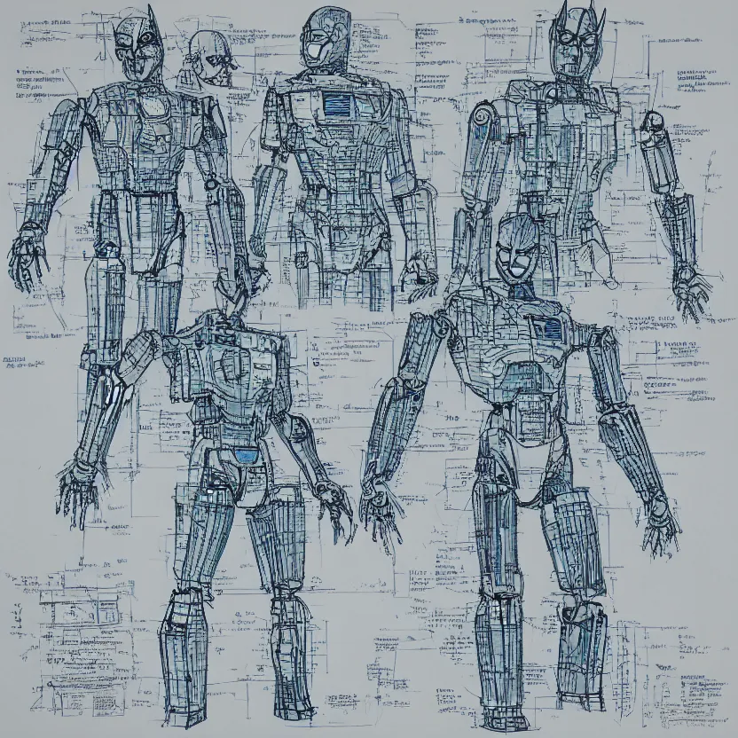 Image similar to blueprints for a robotic joker from the dark knight