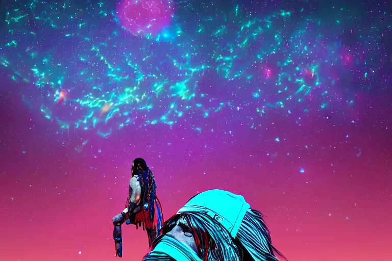 Image similar to photograph of a spiritual native american man looking up at the stars, art, universe, blender, pastel colors, synthwave, retro, cyberpunk,