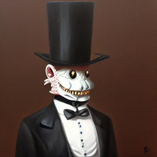 Image similar to “an anthropomorphic crocodile wearing a top hat and monocle, dapper, highly detailed, oil on canvas”