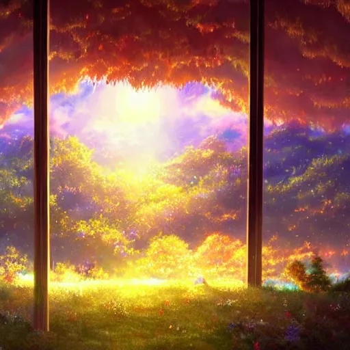 Image similar to a heavenly dream view from the interior of my cozy dream world filled with color from a Makoto Shinkai oil on canvas inspired pixiv dreamy scenery art majestic fantasy scenery fantasy pixiv scenery art inspired by magical fantasy exterior illumination of awe and wonder