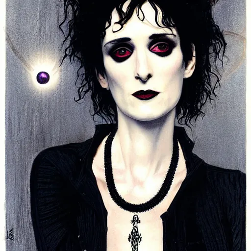 Image similar to death, a young and beautiful pale goth girl wearing a black vest and black punk hair, an ankh medallion hangs around her neck. the actress winona ryder, portrait by joshua middleton and gustav klimt, vertigo comic