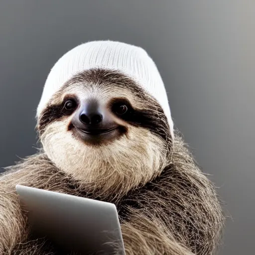 Prompt: A fluffy baby sloth with a knitted hat trying to figure out a laptop, close up, highly detailed, studio lighting, screen reflecting in its eyes