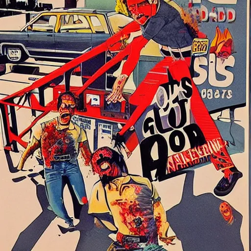 Prompt: A 1980s poster of a gas station being overrun with zombies