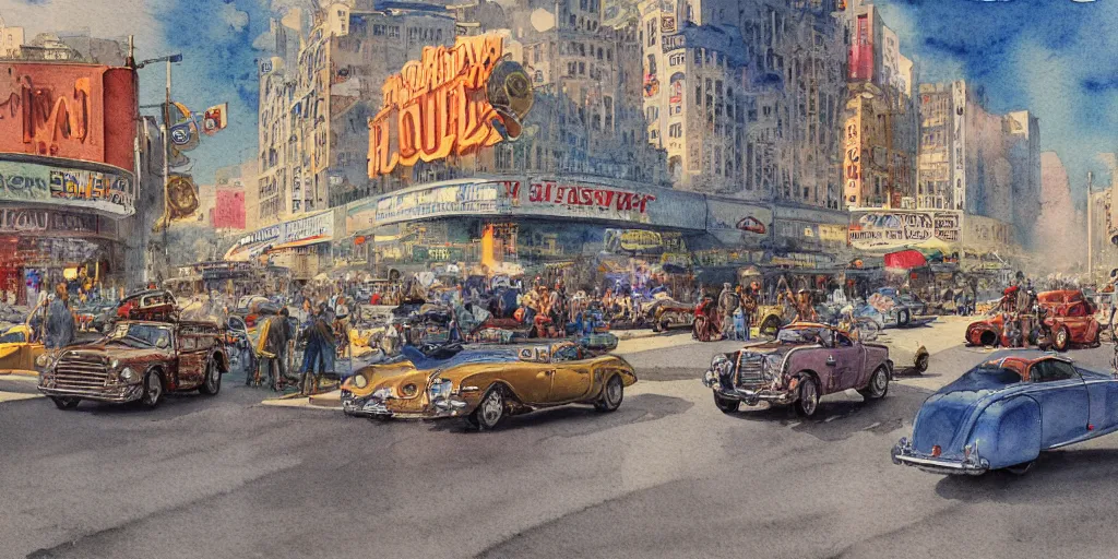 Prompt: a hiper intricate watercolor of a beatifull low angle wide shot, street scene, retro futuristic vintage shiny polished traffic mainly cars and motorcycles, extremely detailed, sharp focus, wide view, smooth, digital illustration, colorfull, by william turner art, by greg rutowski, by carl larson, by edmund dulac
