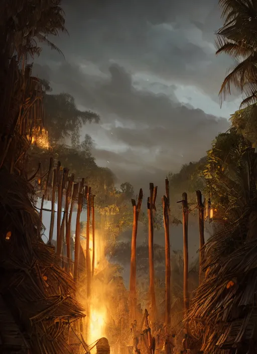 Prompt: wooden palisade wall lit by torches on a tropical island, intricate Details, raphael lacoste, eddie mendoza, alex ross, concept art, matte painting, highly detailed, rule of thirds, dynamic lighting, cinematic, detailed, denoised, centerd, clean render