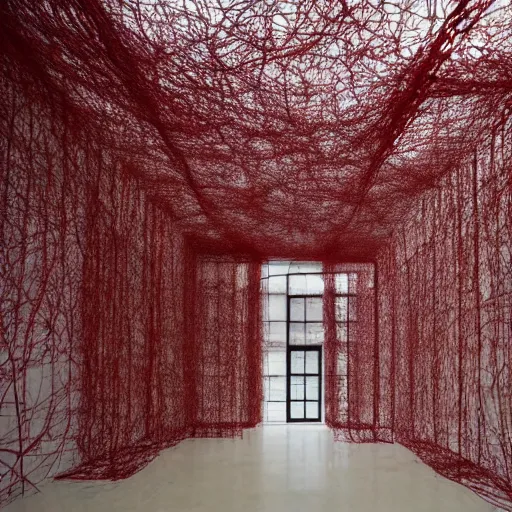 Prompt: fantastical structures by Chiharu Shiota