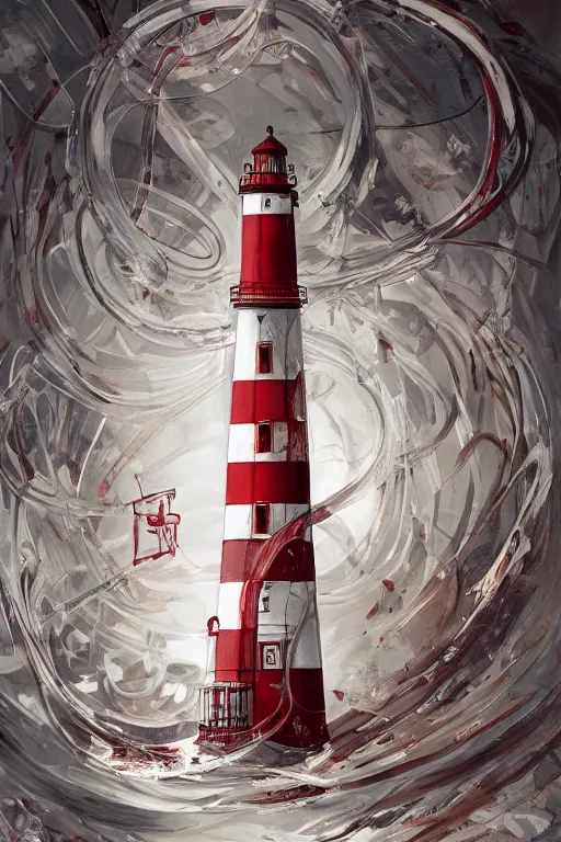 Prompt: a red and white lighthouse inside a clear bottle, very fancy whiskey bottle, intricate concept painting by yoshitaka amano, daytoner, greg tocchini