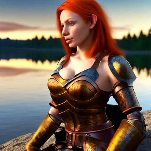 Prompt: beautiful female redhead elf warrior wearing leather armor, sitting next to a beautiful lake at sunset, enjoying the wind, looking at the water. 8 k ultra realistic, award winning, unreal engine 5, masterpiece, atmosphere glow, hyperrealistic, focused, extreme details, cinematic