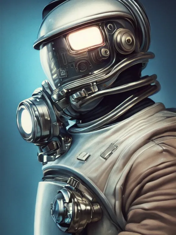 Image similar to portrait art of 8k ultra realistic retro futuristic terminator astronaut helmet, lens flare, atmosphere, glow, detailed,intricate,blade runner, cybernetic, full of colour, cinematic lighting, trending on artstation, 4k, hyperrealistic, focused, extreme details,unreal engine 5, cinematic, masterpiece, art by ayami kojima, giger