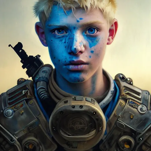 Image similar to portrait painting of a post - apocalyptic blonde teenager with blue eyes and patchy hair wearing light scrap armor with an old gun on his back, ultra realistic, concept art, intricate details, eerie, highly detailed, photorealistic, octane render, 8 k, unreal engine. art by artgerm and greg rutkowski and charlie bowater and magali villeneuve and alphonse mucha