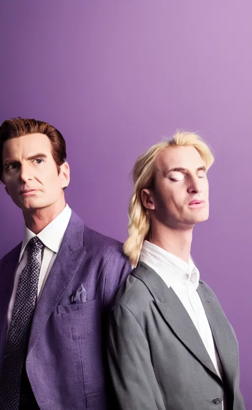 Prompt: a realistic photo of blond Patrick Bateman in purple jacket, Kira Yoshikage in real life, studio photography , dark grey background, softly backlit, gentle smoke effect, photo courtesy Museum of art