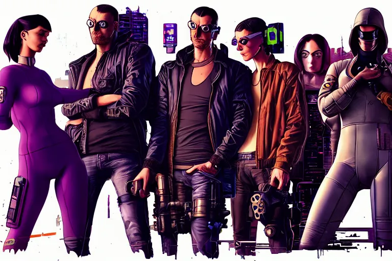 Image similar to cyberpunk heist crew. portrait by stonehouse and mœbius and will eisner and gil elvgren and pixar. character design. realistic proportions. dystopian. cyberpunk 2 0 7 7 character art, blade runner 2 0 4 9 concept art. cel shading. attractive face. thick lines. the team. detailed interesting characters.