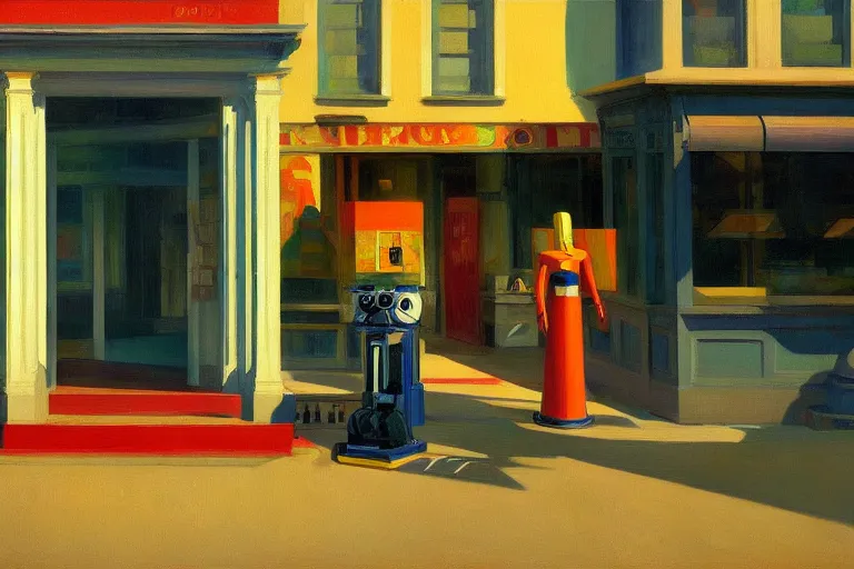 Image similar to beautiful illustration of a robot painting on a canvas by Edward Hopper, colorful octane render