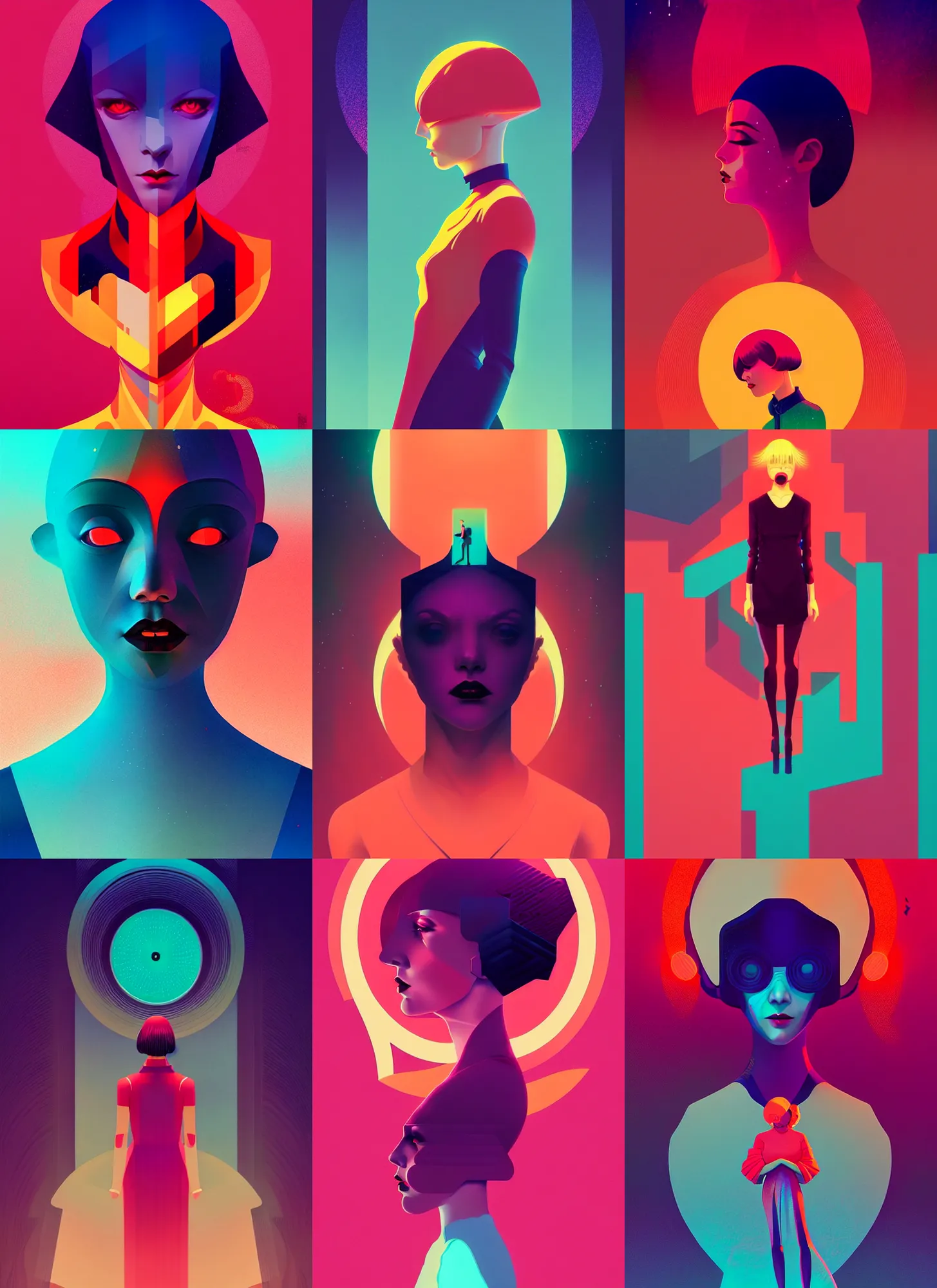 Prompt: ( ( strong dither ) ), editorial illustration portrait a woman like reol, modern art deco, colorful, ( ( mads berg ) ), christopher balaskas, victo ngai, detailed, dynamic composition, wide angle, moebius, matte print, volumetric